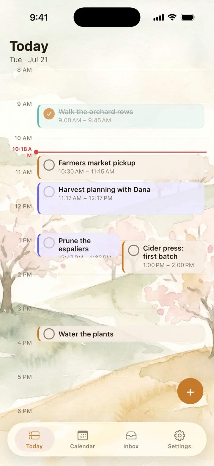 PigeonMCP today view &mdash; your day as a timeline of tasks with your inbox below